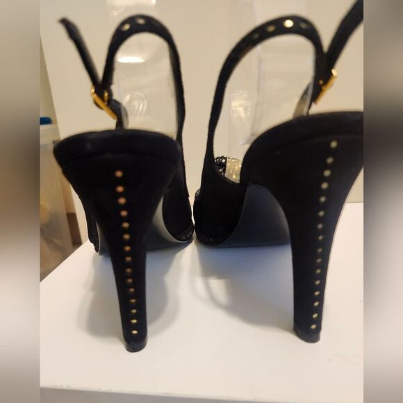NEW Beverly Feldman Black Suede w/ Gold Studs Peep Toe Slingback Pumps sz.8 $275 - Picture 7 of 11